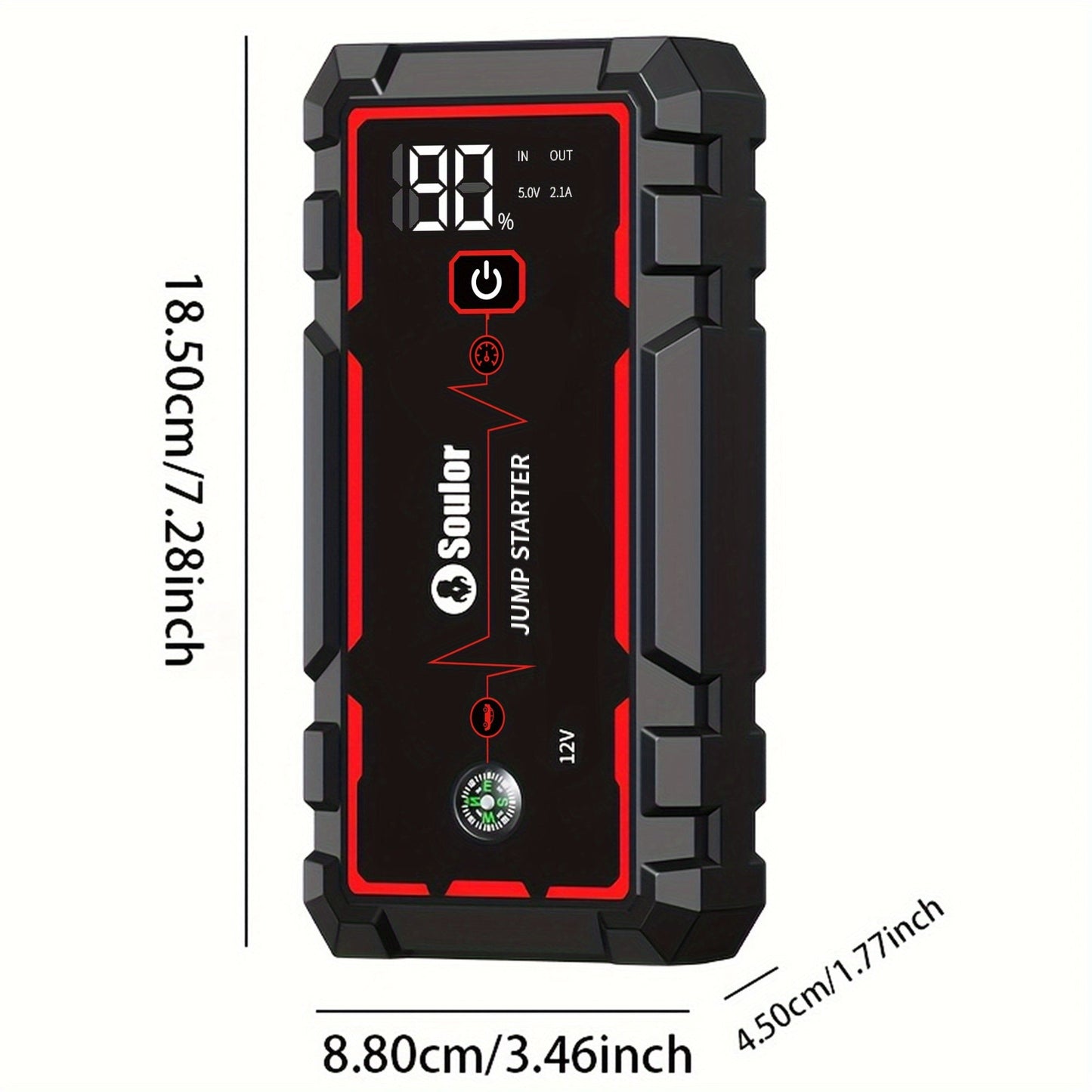 Portable Car Jump Starter 3000A-6000A – 12V Lithium Battery Booster Pack, Dual USB QC 3.0 Fast Charging Power Bank, LED Light & Compass, Fits All Gas Engines