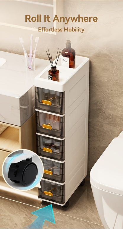 Meuble de rangement fin à roulettes avec tiroirs, organisateur en PP imperméable à 3, 4, 5 ou 6 niveaux pour salle de bain, cuisine, chambre, petits espaces – Tour de rangement étroite