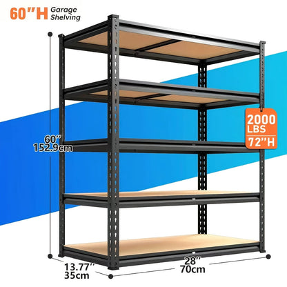Étagère de rangement robuste en métal à 5 niveaux, capacité de 907 kg (2000 lb), hauteur 152 cm (60 po), structure en acier ajustable – Rayonnage pour garage, sous-sol, garde-manger, placard et buanderie, entrepôt local aux États-Unis
