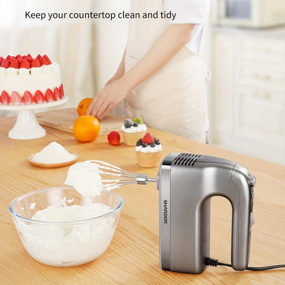 Batteur à main électrique 5 vitesses avec fonction turbo, coffret de rangement et 5 accessoires en acier inoxydable - 2 fouets, 2 crochets pétrisseurs, 1 fouet ballon, batteur à main de cuisine pour la pâtisserie, argenté