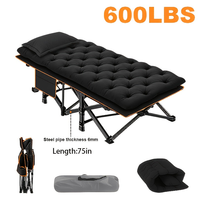 Lit de camp pliant portatif pour adultes - Tissu Oxford double épaisseur, très résistant 225/270/320 kg, lit de camping extérieur pliable avec sac de transport pour la plage, la sieste, les voyages, noir et gris