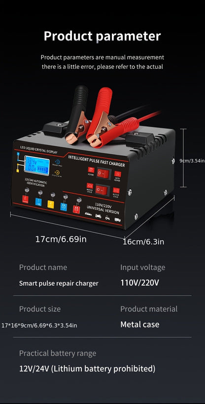 Chargeur de batterie universel intelligent 12V 24V avec écran LCD, réparation par impulsion, maintien de charge pour voiture, camion, moto, bateau, tondeuse à gazon, moissonneuse – Régulation automatique de la température