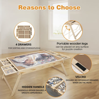Table à puzzle en bois avec pieds pliables – 4 tiroirs et 16 grilles de tri pour puzzles de 1000 pièces | Plateau de puzzle portable pour rangement et organisation, fournitures scolaires et de maison
