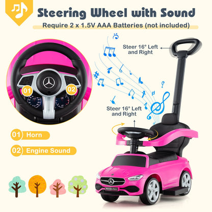 Voiture porteur 3-en-1 sous licence Mercedes-Benz pour tout-petits de 18 à 36 mois, voiture coulissante pour enfants avec volant sonore, barre de poussée, auvent réglable et rangement sous le siège - Cadeau de poussette trotteur rose