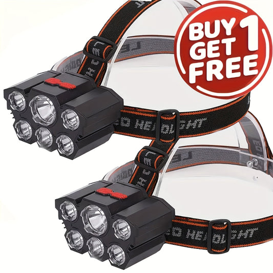 Lot de 2 lampes frontales LED rechargeables – 5 LED, chargement USB, 4 modes, étanchéité IP65, lampe torche frontale pour camping, randonnée, chasse, pêche, course à pied, sports de plein air pour hommes et femmes
