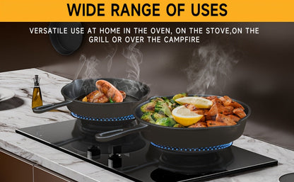 Ensemble de 3 poêles en fonte avec bec verseur – Batterie de cuisine robuste antiadhésive pré-culottée pour les repas de fêtes, le camping en VR, les repas au feu de camp, compatible four et plaque de cuisson, cadeau de cuisine