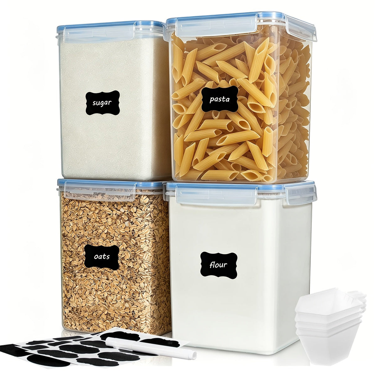 Lot de 4 grands récipients alimentaires hermétiques avec couvercles – Boîtes en plastique sans BPA de 5,2 L pour farine, sucre, riz et ingrédients de pâtisserie – Inclut des tasses à mesurer et 24 étiquettes, noir