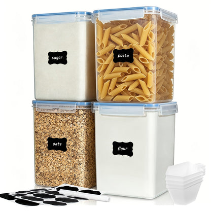 Lot de 4 grands récipients alimentaires hermétiques avec couvercles – Boîtes en plastique sans BPA de 5,2 L pour farine, sucre, riz et ingrédients de pâtisserie – Inclut des tasses à mesurer et 24 étiquettes, noir