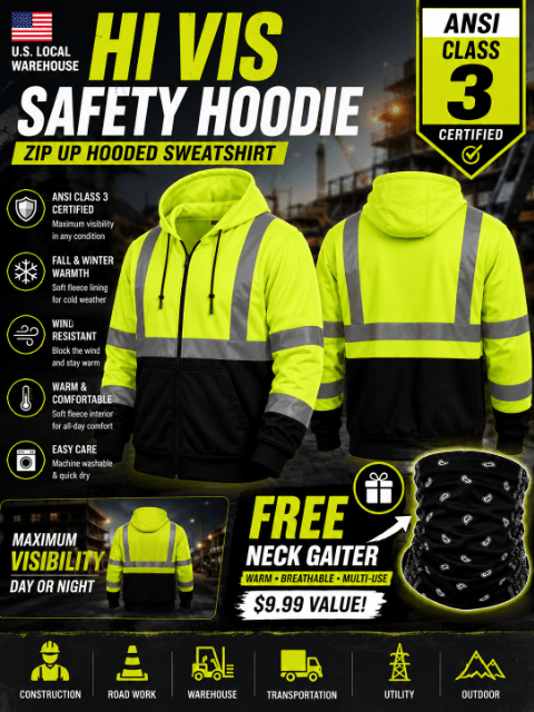 Sweat-shirt à capuche zippé en polaire haute visibilité ANSI classe 3 type R, vêtement de travail de chantier unisexe avec cache-cou, jaune fluorescent