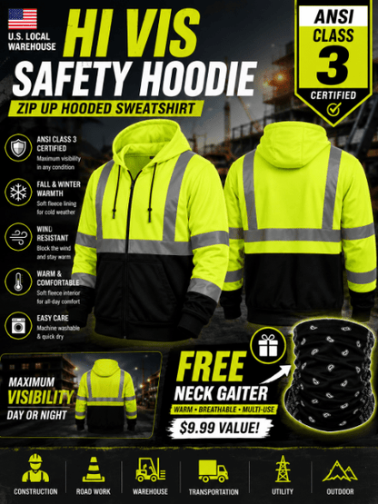 Sweat-shirt à capuche zippé en polaire haute visibilité ANSI classe 3 type R, vêtement de travail de chantier unisexe avec cache-cou, jaune fluorescent