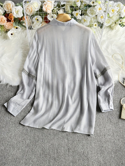 Women's Lace Patchwork Button-Up Long Sleeve Shirt Elegant Semi-Sheer Blouse White XS S M L XL XXL Vacation Date Office Fashion Top