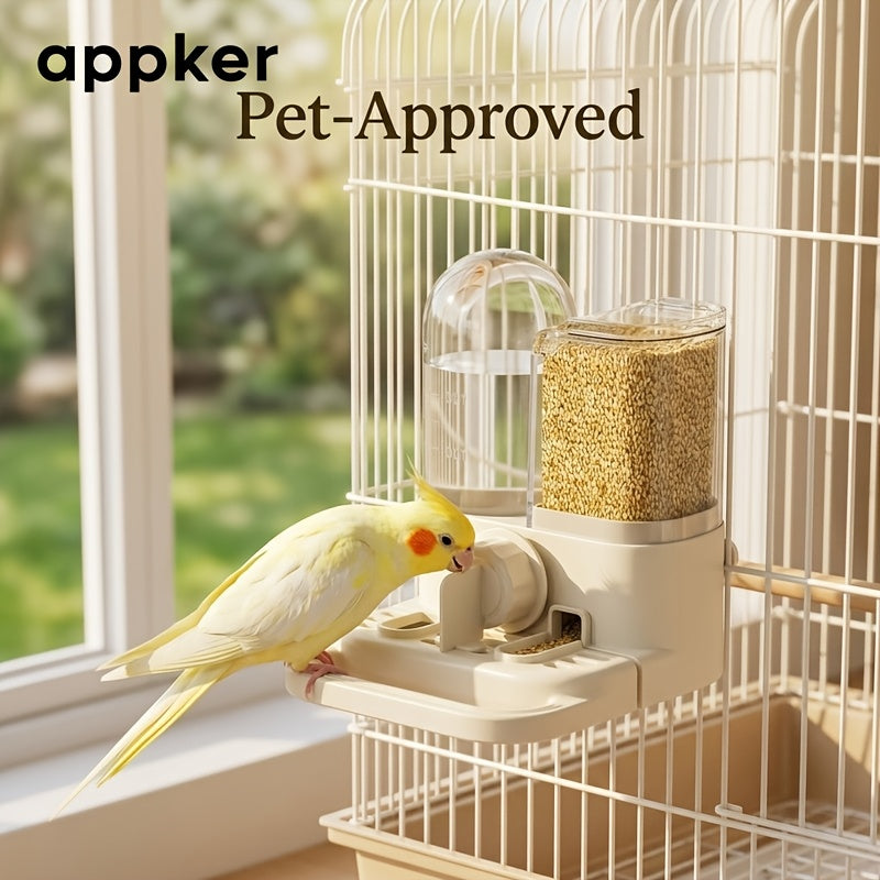 Mangeoire et abreuvoir 2-en-1 suspendus avec perchoir - Récipient multifonction pour nourriture et eau pour oiseaux en cage, sans électricité, accessoire pour perruches et petits oiseaux