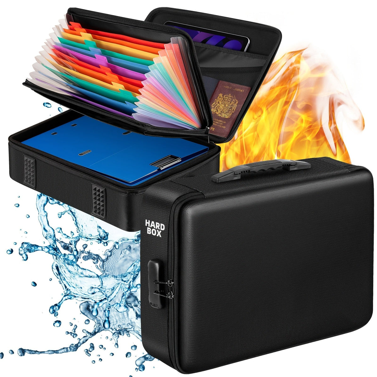 Boîte à documents ignifugée avec serrure et couvercle à fermeture éclair – Coffre-fort portable pliable, boîte de rangement résistante au feu pour dossiers suspendus format lettre et légal, coffre pour maison et bureau – Aobteeny