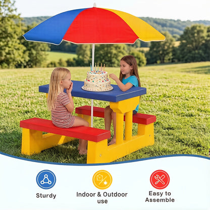 Kids Picnic Table with Removable Foldable Umbrella – 2-in-1 PP Table & Bench Set Seats 4 Children, UV Protection, Safe Rounded Edges, Indoor Outdoor Activity Table for Backyard Garden, Best Gift for Kids