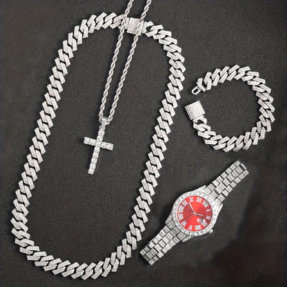 Parure de bijoux 4 pièces avec montre strass et pendentif croix, montre-bracelet analogique à quartz, collier, bracelet et boucles d'oreilles, cadeau unisexe pour lui ou elle, mariage