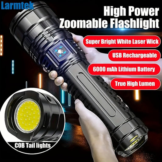 Lampe torche rechargeable USB extra-large avec éclairage arrière COB – 5 modes réglables, zoom ajustable et fonction batterie externe, lampe portative ultra-lumineuse pour les urgences, la randonnée, le camping et les aventures en plein air