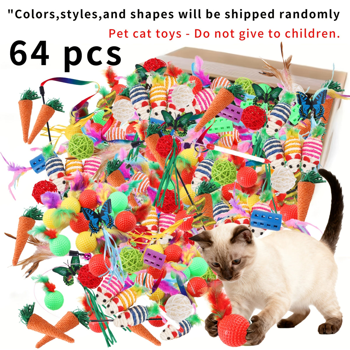 Ensemble de jouets variés pour chats 16/32/64/200 pièces - Assortiment de jouets interactifs en plastique, plumes et polyester pour chats, couleurs et styles aléatoires, lot de jouets en gros pour chats et chatons, pack découverte pour le jeu quotidien