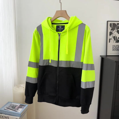 Sweat-shirt à capuche zippé en polaire haute visibilité ANSI classe 3 type R, vêtement de travail de chantier unisexe avec cache-cou, jaune fluorescent