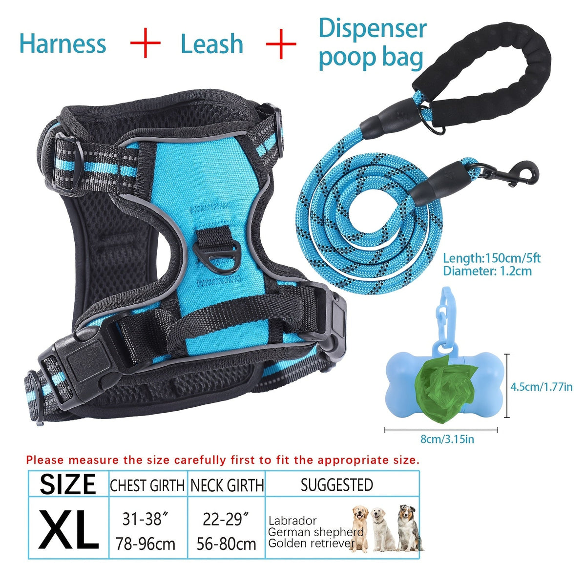Ensemble harnais et laisse pour chien 4 pièces, gilet réfléchissant en Oxford anti-traction et anti-étranglement avec laisse, distributeur de sacs à déjections et poignée de contrôle facile, pour chiens moyens et grands, dressage et promenade en extérieur
