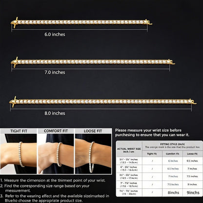 Bracelet tennis en argent  sterling S925 et moissanite pour femme – Finition or taille brillante 4 mm, style français élégant, hypoallergénique, tailles 15 à 23 cm, cadeau parfait pour un mariage ou un anniversaire (7,71 g)