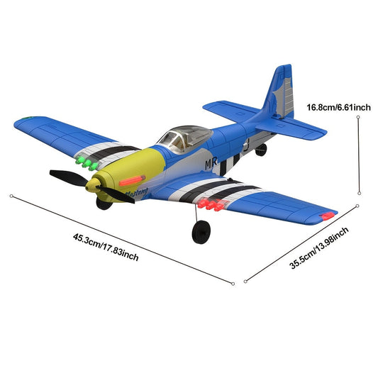 Avion RC P51 Mustang, chasseur 4 canaux prêt-à-voler avec gyroscope 6 axes, mode voltige 3D, lumières LED, avion électrique télécommandé 2,4 GHz – RTF à aile fixe pour débutant avec 2 batteries