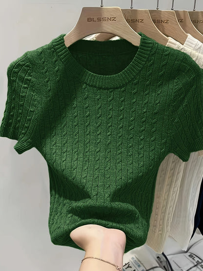 Pull femme en jacquard à manches courtes, chic, tricot torsadé, col rond, ourlet et poignets côtelés, léger, viscose, printemps-été, décontracté, S M L XL XXL