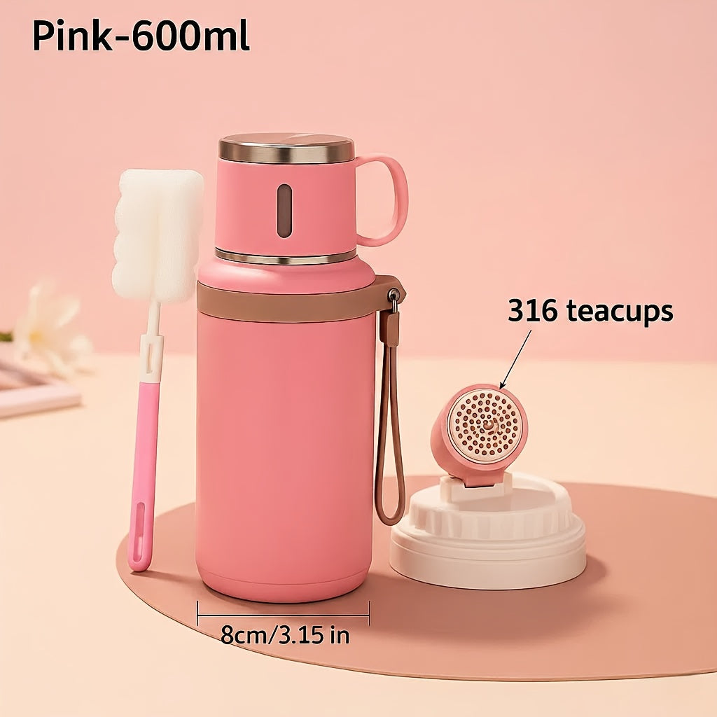 Gobelet isotherme en acier inoxydable de 600 ml, double paroi sous vide, couvercle étanche avec poignée, brosse de nettoyage incluse, pour boissons chaudes et froides, voyage, bureau, salle de sport, bouteille d'eau extérieure, 20 oz