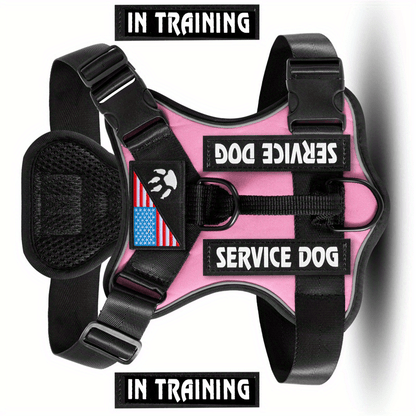 Harnais anti-traction pour chien avec gilet réfléchissant et 5 écussons – Harnais de service réglable en maille Oxford souple, avec attaches avant et arrière pour chiens de petite, moyenne et grande taille, de XS à XL