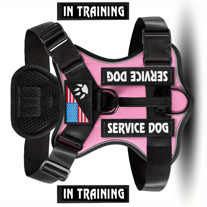 Harnais anti-traction pour chien avec gilet réfléchissant et 5 écussons – Harnais de service réglable en maille Oxford souple, avec attaches avant et arrière pour chiens de petite, moyenne et grande taille, de XS à XL