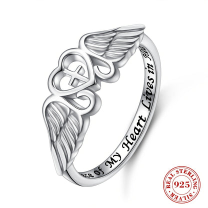 Bague commémorative aile d'ange en argent sterling S925 – Une partie de mon cœur vit au ciel, plaquée rhodium, cadeau de sympathie pour la perte d'une maman, d'un papa, d'un grand-parent, d'une fille ou d'un fils, tailles 5-10