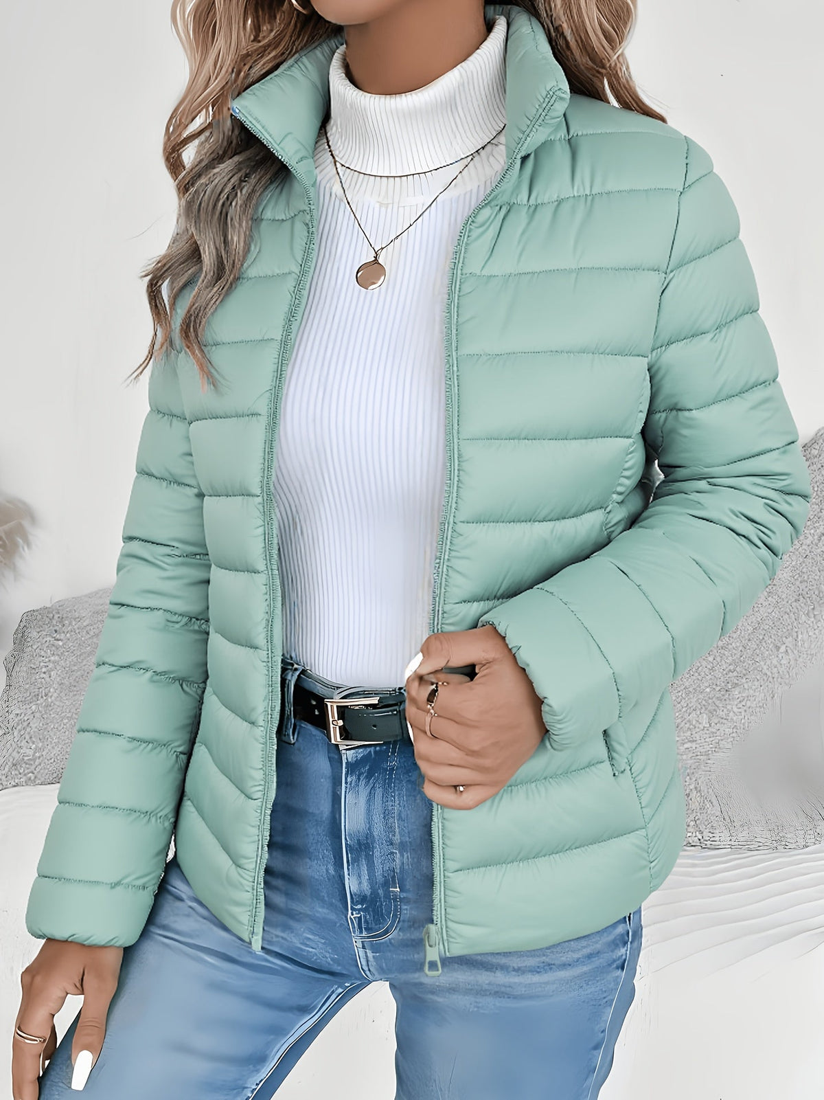 Doudoune matelassée légère pour femme, manteau rembourré à col montant, fermeture zippée, veste courte, coupe ajustée automne-hiver