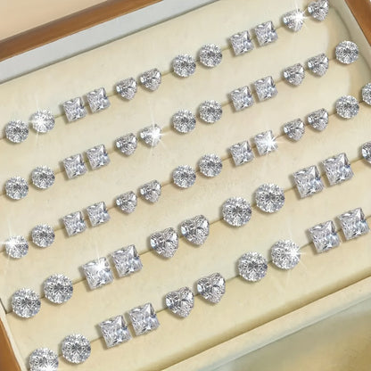 Lot de 72 boucles d'oreilles puces en zircon pour femmes et hommes, ensemble géométrique cœur, rond, carré, bijoux fantaisie étincelants en cristal, cadeau hypoallergénique
