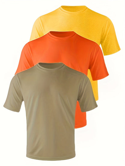 Lot de 3 t-shirts de sport pour homme, col rond, manches courtes, séchage rapide, protection UPF 50+, évacuation de l'humidité, kaki/orange/jaune, tailles S-3XL pour natation, plage, sports en plein air, pêche, randonnée