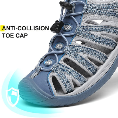 Sandales de randonnée fermées pour femmes, sandales aquatiques légères et antidérapantes avec lacets élastiques réglables et bride auto-agrippante, chaussures de sport respirantes pour la plage, le camping, la pêche, les voyages et la marche