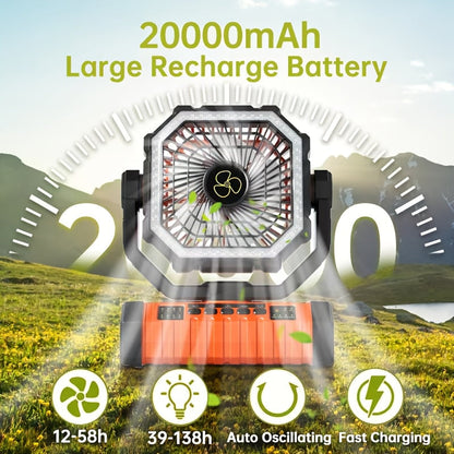 Ventilateur de camping rechargeable 20000 mAh avec éclairage LED intégré, crochet de tente, chargement USB, ventilateur de refroidissement portable sur batterie pour camping, randonnée, pannes de courant, chantiers de construction, modèle orange amélioré