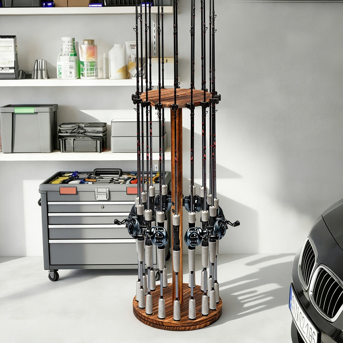 Support de cannes à pêche circulaire en bois, capacité 16 cannes, organisateur gain de place pour garage, abri de jardin ou espace détente – Options rotatif à 360° ou fixe, construction en bois robuste, cadeau pour pêcheur