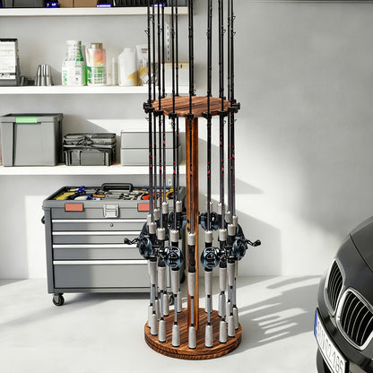 Support de cannes à pêche circulaire en bois, capacité 16 cannes, organisateur gain de place pour garage, abri de jardin ou espace détente – Options rotatif à 360° ou fixe, construction en bois robuste, cadeau pour pêcheur
