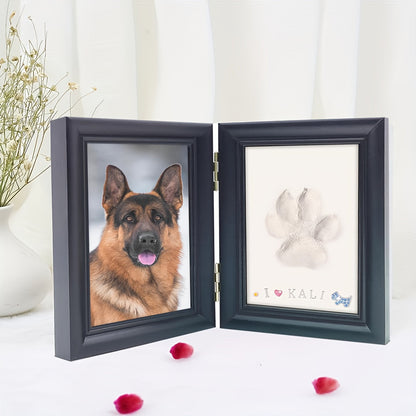 Cadre photo pour empreinte de patte d'animal avec kit de moulage en argile - Cadre souvenir pliable à poser pour chiens et chats, cadeau personnalisé pour premier anniversaire ou hommage après la perte d'un animal (Blanc/Noir/Bois)