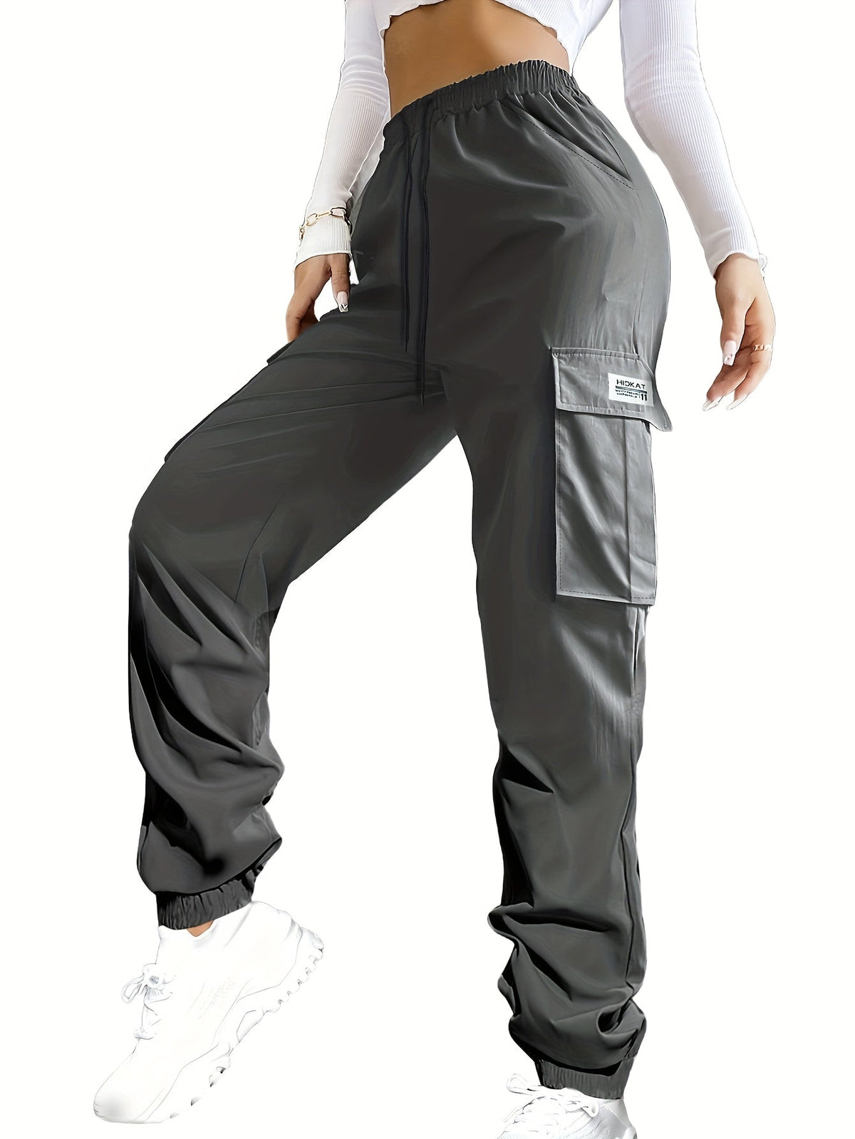 Pantalon cargo pour femme avec poches zippées – Taille élastique à cordon de serrage, grandes poches, pantalon décontracté pour l'extérieur, noir, gris, vert, bleu, XS-XXL