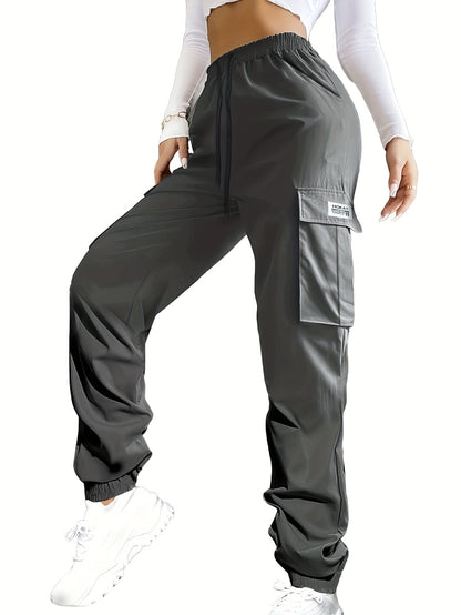 Pantalon cargo pour femme avec poches zippées – Taille élastique à cordon de serrage, grandes poches, pantalon décontracté pour l'extérieur, noir, gris, vert, bleu, XS-XXL