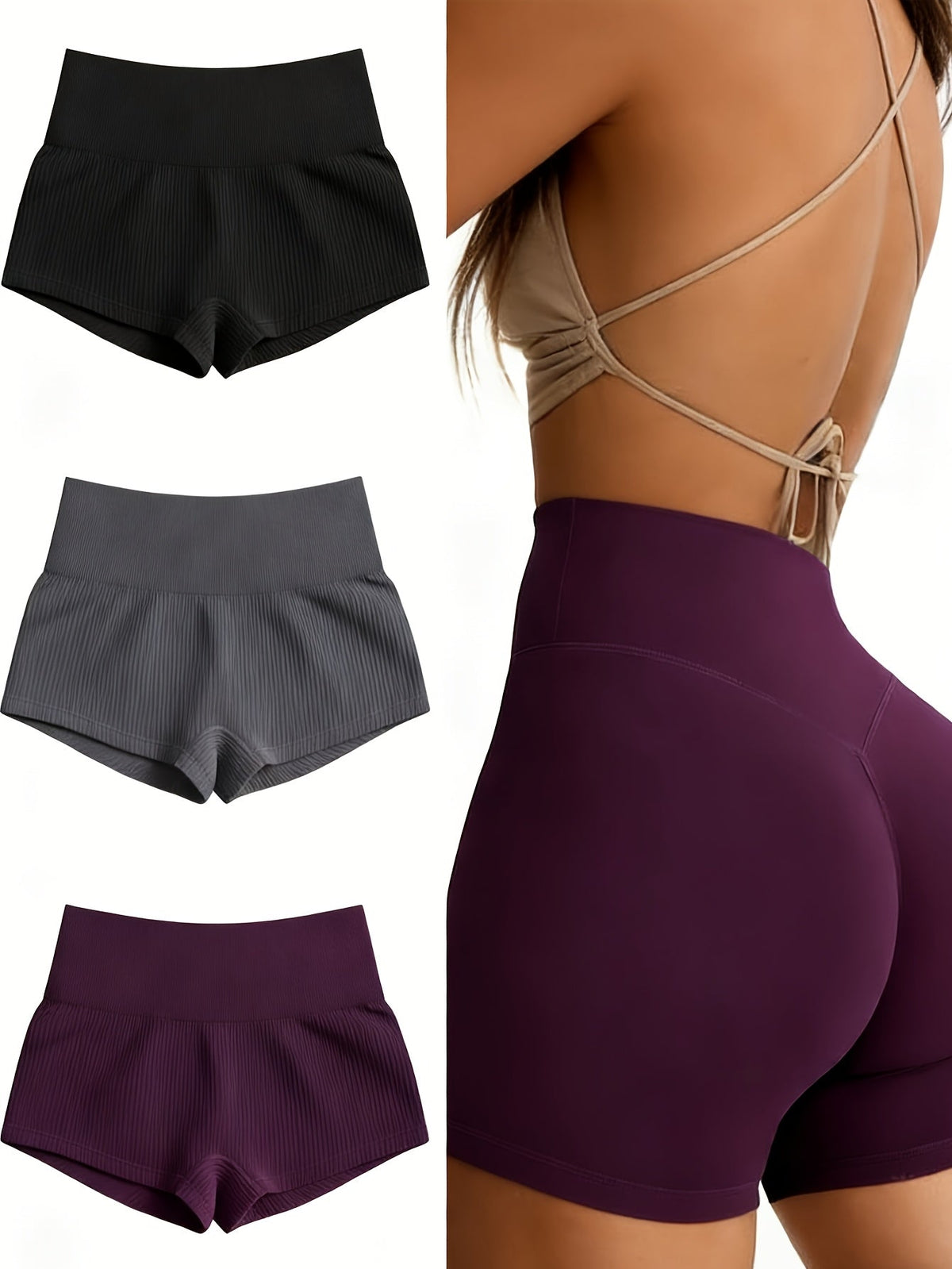 Lot de 3 shorts de yoga sans coutures à taille haute pour femme, shorts de sport extensibles en nylon pour la salle de sport, la course, le vélo, vêtements de sport S-XL