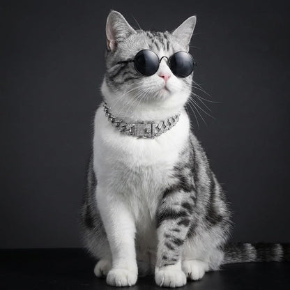 2-Pack Cuban Link Cat Chain Collar Set, Gold & Silver Adjustable Metal Pet Necklace for Cats & Small Dogs, Lightweight Bling Cat Collar Chain, Fashion Pet Jewelry Accessory for Cats