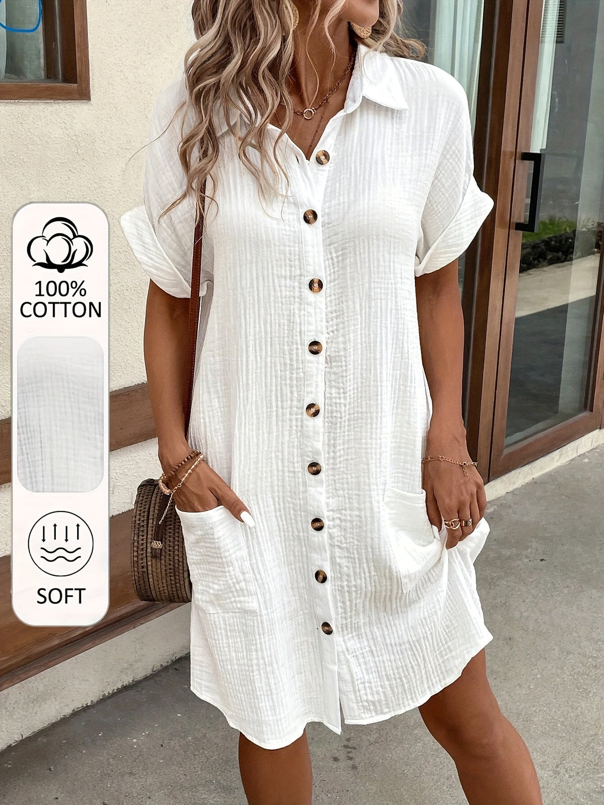 Robe chemise trapèze à manches courtes et col en V pour femme – Robe chemisier décontractée à semi-formelle, douce, respirante et boutonnée à l'avant, 5 coloris, tailles inclusives du S au XXL