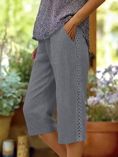 Women's Capri Pants Side Lace Elastic Waist Diagonal Pockets Casual Three Quarter Length Pants Green Black White Grey Sky Blue Khaki S-XXL