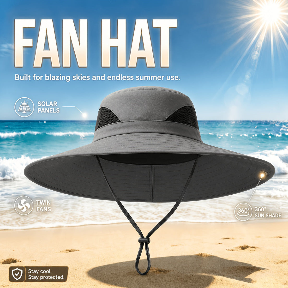 Chapeau de soleil à larges bords avec ventilateurs solaires – 2 ventilateurs solaires intégrés, vitesse du vent réglable, maille respirante, chapeau d'extérieur anti-UV avec mentonnière pour la pêche, le camping et les voyages