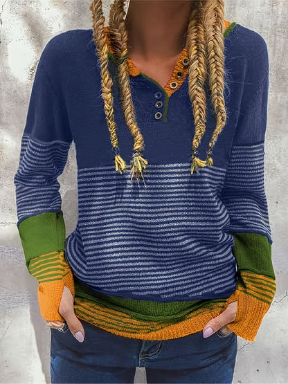 Pull-over rayé à blocs de couleurs style Y2K pour femme, col rond avec boutons | Haut en tricot asymétrique décontracté automne-hiver bleu marine S M L XL XXL