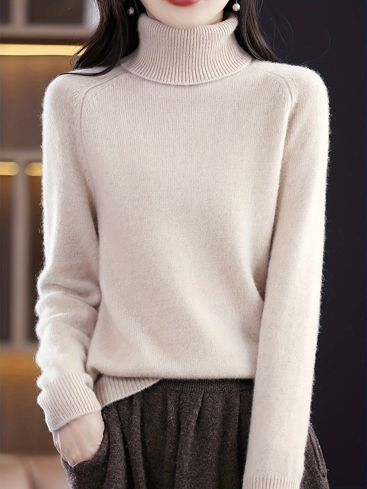 Pull-over en tricot à col à revers et coupe ample pour femme - Haut extensible décontracté à manches longues de couleur unie pour l'automne et l'hiver S-XXL