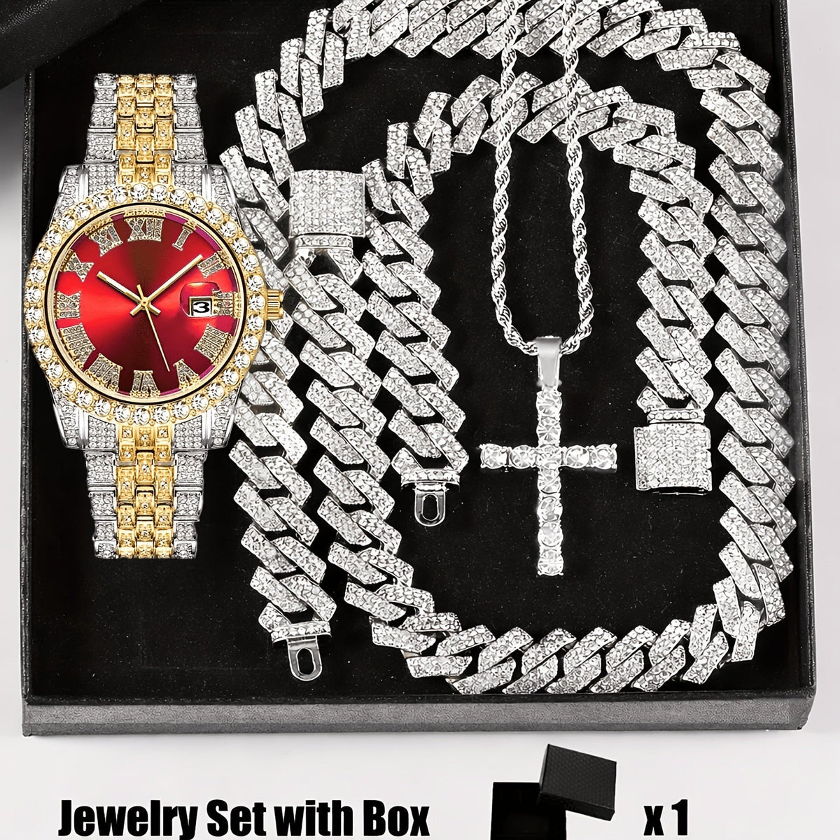 Parure de bijoux 4 pièces avec montre strass et pendentif croix, montre-bracelet analogique à quartz, collier, bracelet et boucles d'oreilles, cadeau unisexe pour lui ou elle, mariage
