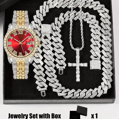 Parure de bijoux 4 pièces avec montre strass et pendentif croix, montre-bracelet analogique à quartz, collier, bracelet et boucles d'oreilles, cadeau unisexe pour lui ou elle, mariage