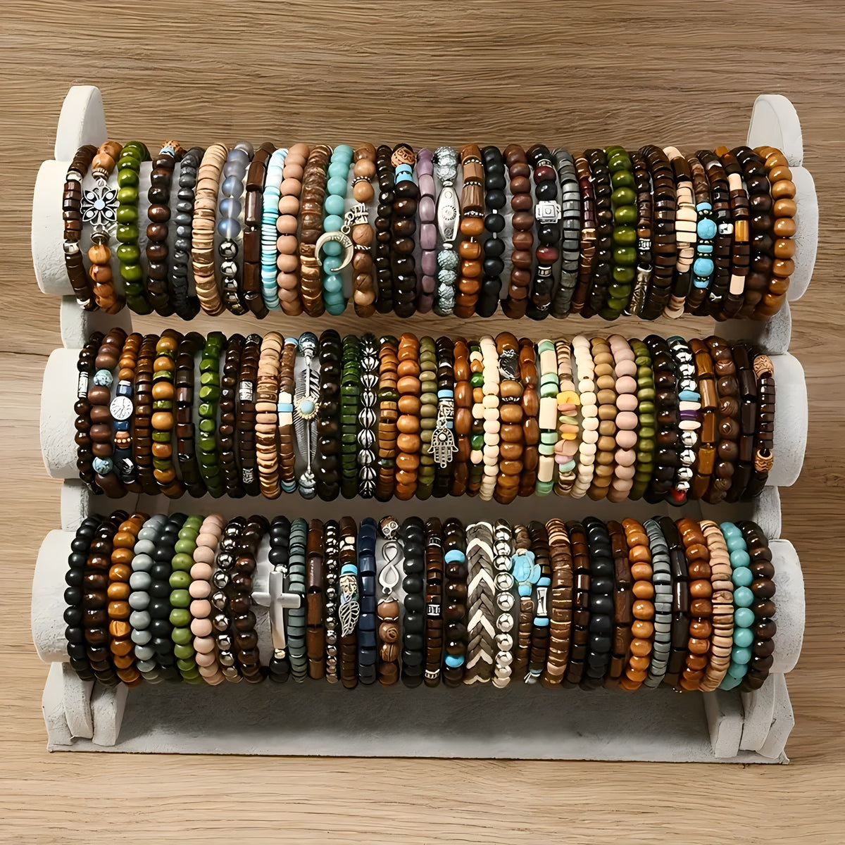 Ensemble de bracelets bohèmes en perles de bois – Bracelets élastiques empilables avec breloques tortue, croix, feuille et plume, couleurs assorties, au choix par 12, 24, 47 ou 87 pièces – Parfait pour un usage quotidien et offrir en cadeau